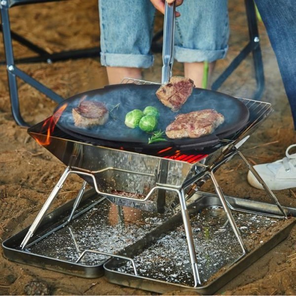 UISEBRT Camping Gjutjärn BBQ Grill Matlagningsmatta med 3 fötter och förvaringspåse Grillpanna för trädgårdsfest (Ø45cm)