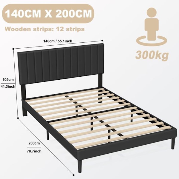 Säng - UISEBRT - 140x200cm - Svart Metall - Sammetshuvud - 1 Plats Svart