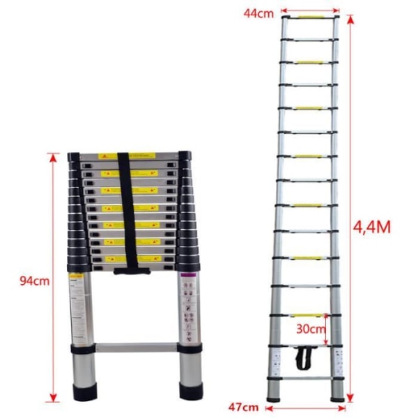 UISEBRT teleskopstege 4,4M, multifunktionell utdragbar teleskopstege i aluminium, maxlast 150 kg, silver