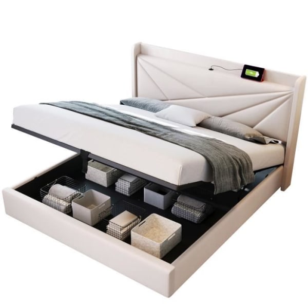 UISEBRT 160x200 cm spjälbotten Boxspringsäng med stoppad sänglåda med USB-gavel och lådor, beige, med madrass