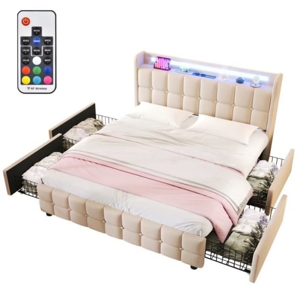UISEBRT 160x200 cm stoppad säng med USB-laddningsgavel &amp; LED-belysning &amp; lådor Enkelsängar, beige, med madrass
