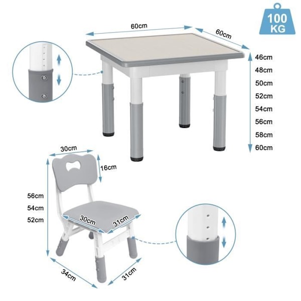 UISEBRT barnbord med 2 stolar Höjdjusterbara plastmöbler för pojkar och flickor i åldrarna 2 till 10, 60 x 60 cm