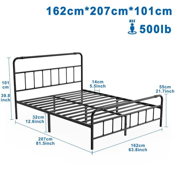 Sängram - UISEBRT - 160x200cm - Svart Metall - Modern Design - 2/3 platser Svart