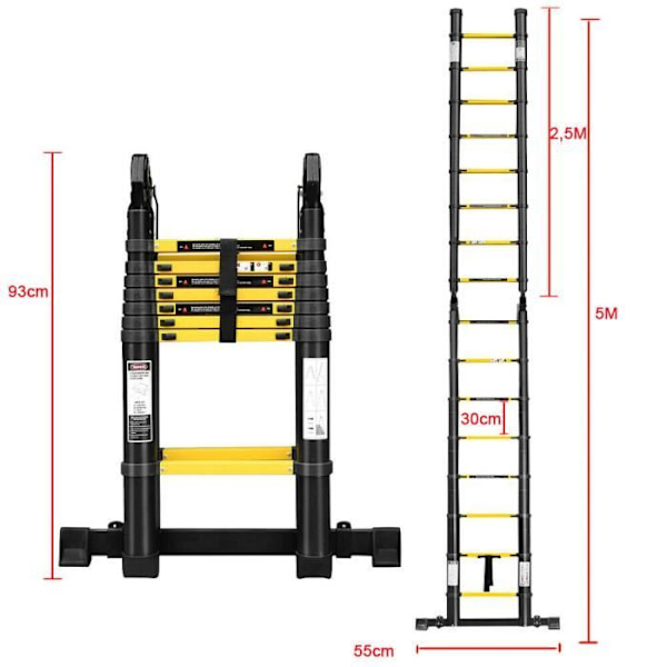 UISEBRT 5 m hopfällbar teleskopisk multifunktionsstege i aluminium Maximal lastkapacitet 150 kg svart (2,5 m + 2,5 m)