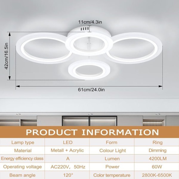 LED-taklampa - UISEBRT - 60W - Dimmbar - Fjärrkontroll - Modern design