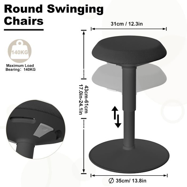 Ergonomisk Pallen - UISEBRT - Justerbar 43-61cm - Svart - Modern Design - Belastar 140kg svart, ljusgrå, orange, grön