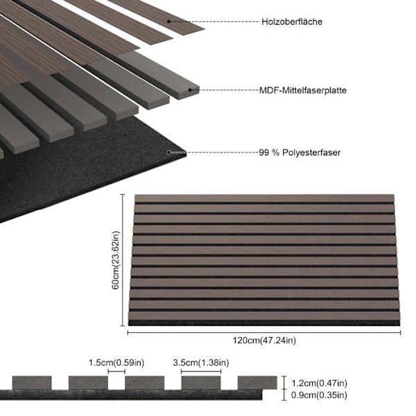 UISEBRT Set av 4 Akustiska Paneler 120x60cm Ljudisolering Väggdekoration med Lameller för Vardagsrum, Studio (Brun) kastanj