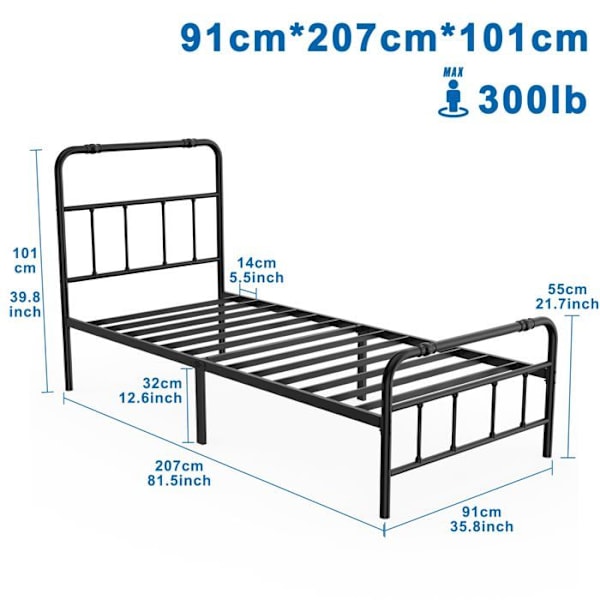 Sängram - UISEBRT - 90x200cm - Svart Metall - Modern Design - 1 plats Svart