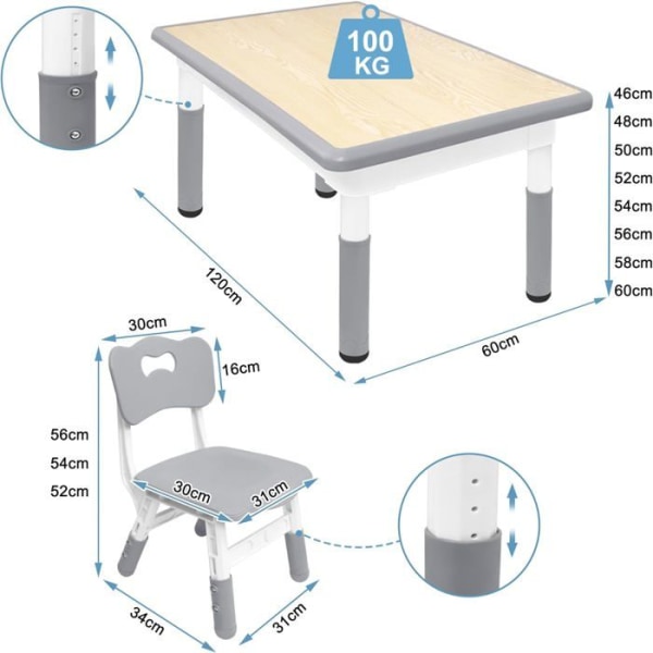 UISEBRT barnbord med 4 stolar Höjdjusterbar plastmöbel för pojkar och flickor 2 till 10 år, grå