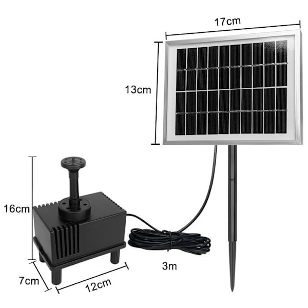 Pompa Solär - UISEBRT - 2W - Max. flöde 220 l/h - 4 utbytbara munstycken - Miljövänlig och lätt att installera Svart