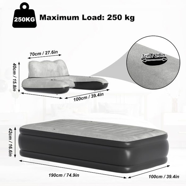 UISEBRT Uppblåsbar Madrass 100x190x82cm Fällbar med Ryggstöd och Elektrisk Luftpump 1 Person Camping Säng Maximalt Belastning 250KG Grå