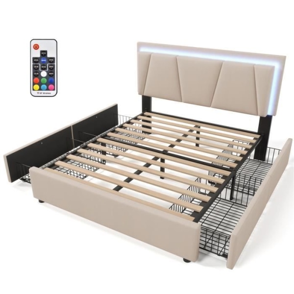 UISEBRT 160x200cm förvaringssäng med LED-belysning och 4 lådor, sängram med höjdjusterbar sänggavel, beige (utan madrass)