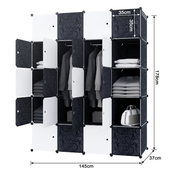 UISEBRT 145 x 37 x 178 cm Bärbart hyllsystem med 20 fack och dörrar för kläder, böcker, leksaker (svart + vit)