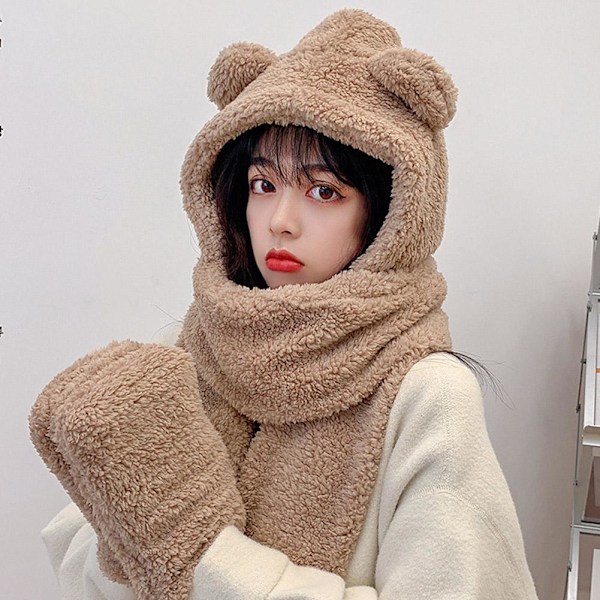 Varm Björn Öron Hatt Casual Plysch Hatt Halsduk Set Mode Vinter Björn Hatt Ny C9 U9M9 beige One size
