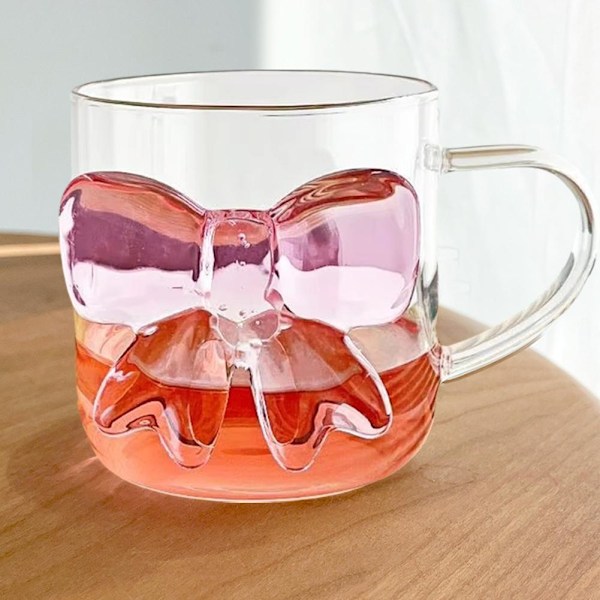 Glas Kaffemugg med Rosa Rosett Design, Rosa Glas Kopp med Rosett för Flickor, Te Kopp, Mjölk Kopp, Rosa Glas Kaffemugg Present till Flickor Kvinnor