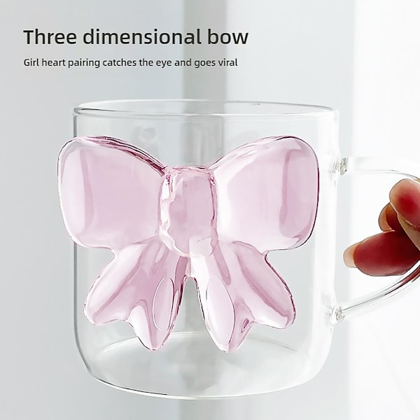 Glas Kaffemugg med Rosa Rosett Design, Rosa Glas Kopp med Rosett för Flickor, Te Kopp, Mjölk Kopp, Rosa Glas Kaffemugg Present till Flickor Kvinnor