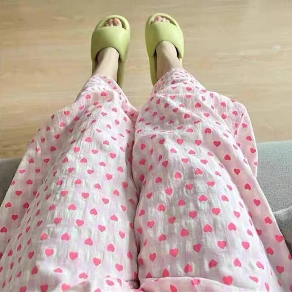 Pyjamas med kärleksmönster, dam, vår och höst 2024, nya avslappnade långbyxor för kvinnor K4D5 Red One size