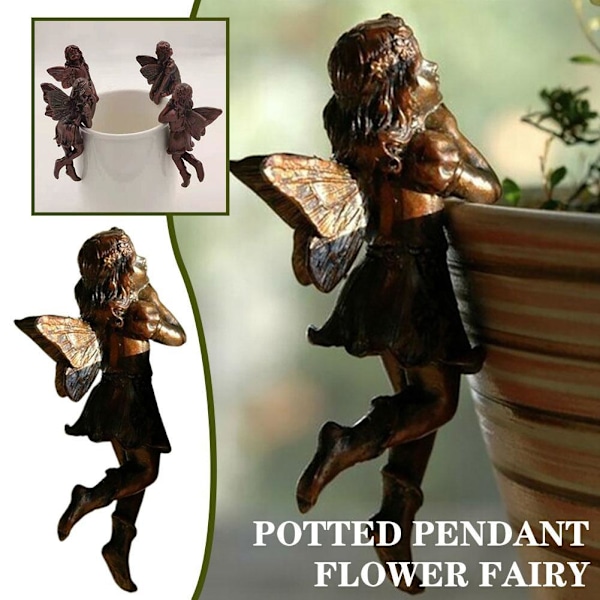 RJSQAQE Miniatyrälvor Figurin, Blomkruka och Vas Kramare, Blomsterälva Krukväxt Hänge, Hängande Kopp Resin Blomkrukor Hängande Älvprydnad BrassC C