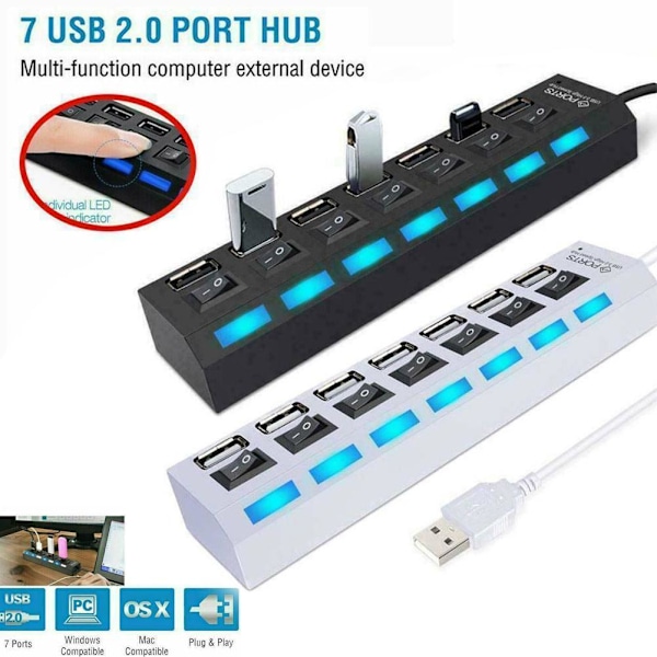 COCEQUC 7-ports USB-hub, USB-förlängare, USB-splitter, laddningshubb white One-size