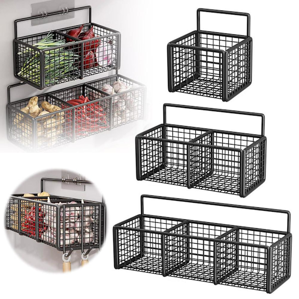 Vägghängd Förvaringshylla för Lök, Ingefära och Vitlök, Multifunktionell, Punch-fri C8e8 blackB double grid