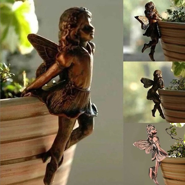 RJSQAQE Miniatyrälvor Figurin, Blomkruka och Vas Kramare, Blomsterälva Krukväxt Hänge, Hängande Kopp Resin Blomkrukor Hängande Älvprydnad BrassC C