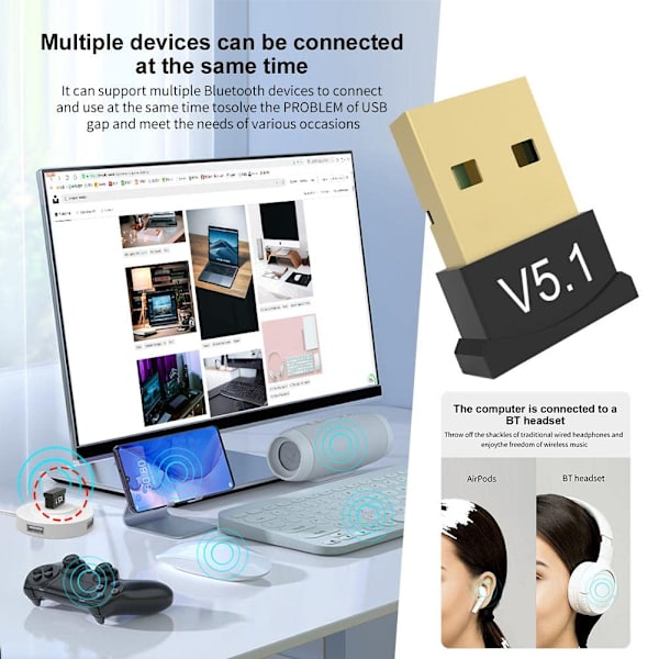 USB Bluetooth 5.1 Adapter Sändare Mottagare V5.1 Bluetooth Audio Bluetooth För PC Laptop USB Dongle Adapter