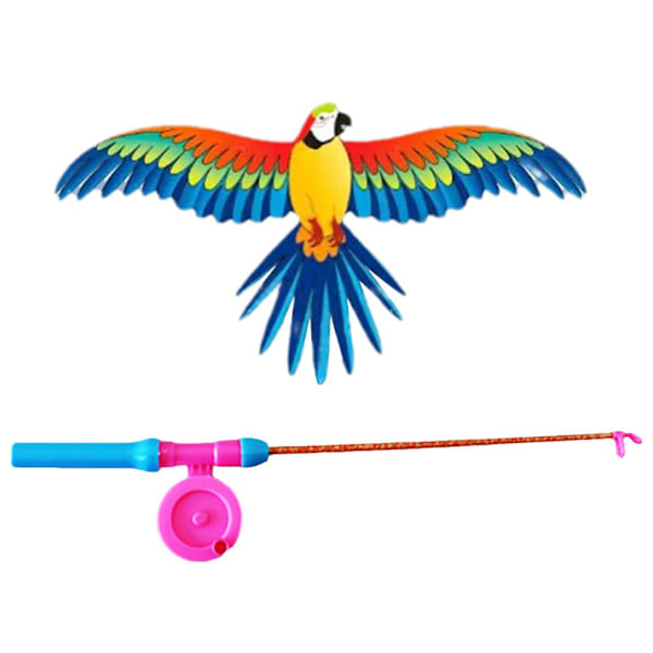 Drake med fiskespö, dynamisk tecknad fågel fjäril handhållen fiskespödrake med handtag örn barn flygande drakleksak Parrot with fishing rod
