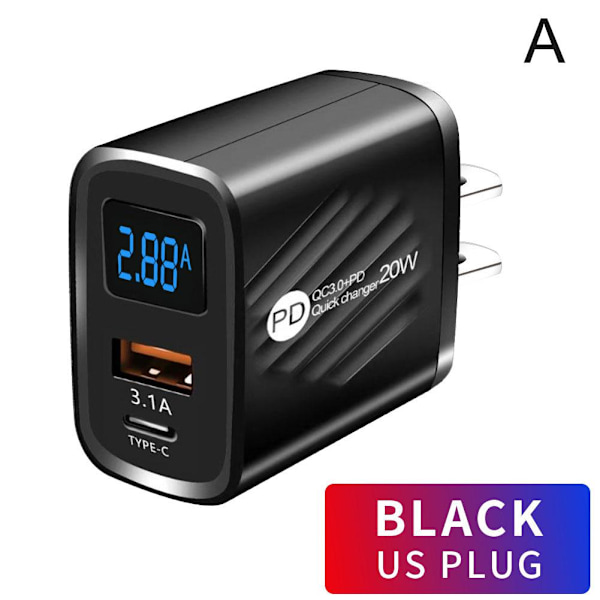 QC3.0 PD 20W Snabbladdning USB Type-C Väggladdare Adapter black US PLUG