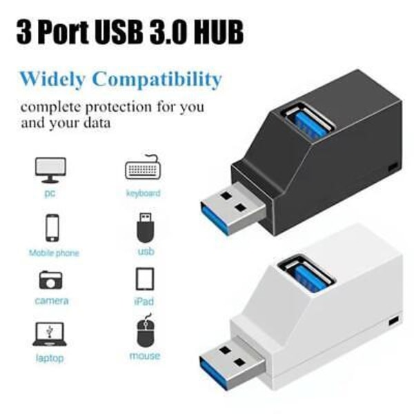 USB 3.0 Hub 3-Portars Mini Splitter Höghastighetsdataöverföring För PC, Laptop white USB3.0