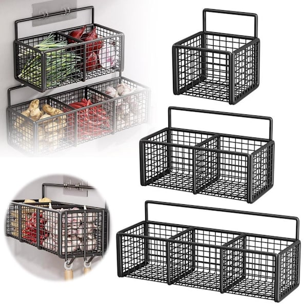 Vägghängd Förvaringshylla för Lök, Ingefära och Vitlök, Multifunktionell, Punch-fri C8e8 blackB double grid