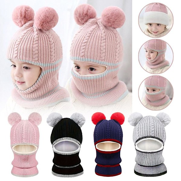 Vinter Småbarn Baby Barn Pojkar Flickor Varm Stickad Mössa Hatt Halsduk Set Öronlapp Black One size