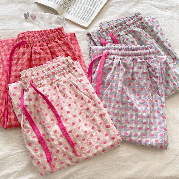Pyjamas med kärleksmönster, dam, vår och höst 2024, nya avslappnade långbyxor för kvinnor K4D5 Red One size