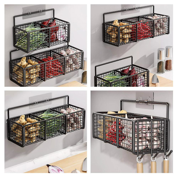 Vägghängd Förvaringshylla för Lök, Ingefära och Vitlök, Multifunktionell, Punch-fri C8e8 blackA single grid