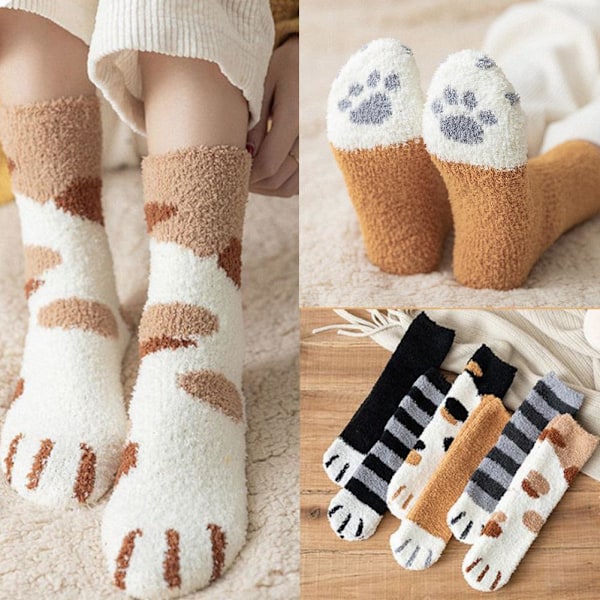 1 Par Varma Vinterstrumpor Flickor Katt Tassar Söta Tjocka Sov Varma Heta Golv^* 1 One size