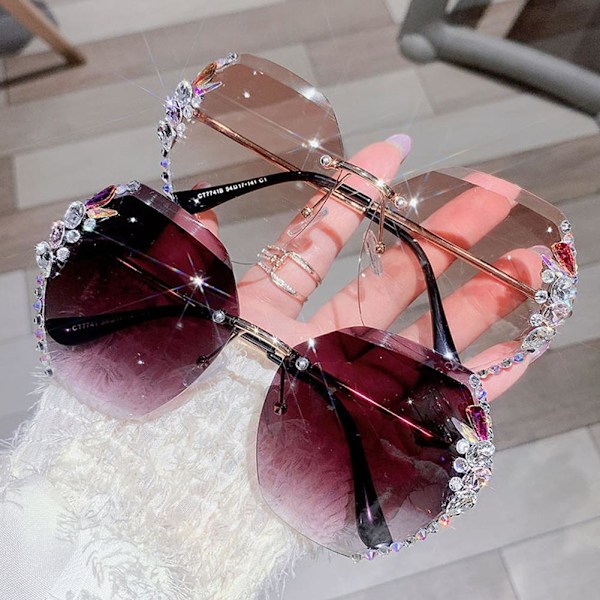 Rimless Rhinestones Solglasögon Dam Mode Gradient Lins Solglasögon Sha M4W2 GREY ONE-SIZE