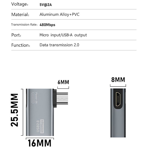 OTG-kabeladapter 4K 90 graders vinkel Strömförsörjd Micro USB till USB OT left one-size