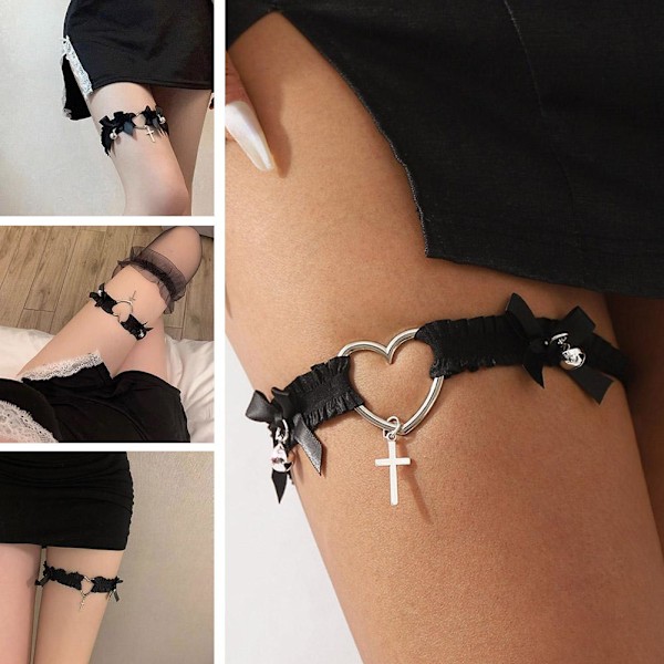Rosett Hjärta Klocka Benring Kvinnlig Punk Spets Låraccessoar Rem Nyckelben Krage Benaccessoar W5b4 Black 1pcs
