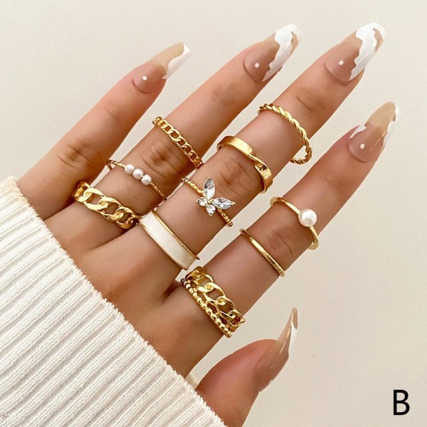 Fashion Butterfly Crystal Pearl Rings Set Kvinnor Finger Rings Adj B One size