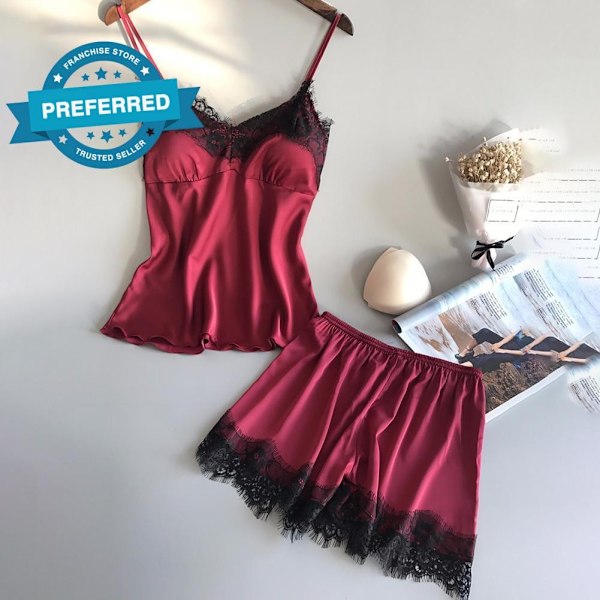 S-xxl Spets Pyjamasset Dam V-ringad Casual Pyjamas Linne Shorts Sommarset H7h1 Red L