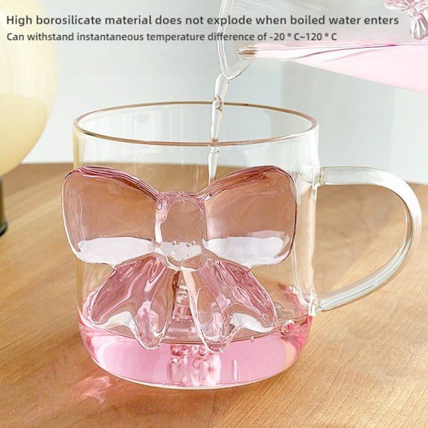 Glas Kaffemugg med Rosa Rosett Design, Rosa Glas Kopp med Rosett för Flickor, Te Kopp, Mjölk Kopp, Rosa Glas Kaffemugg Present till Flickor Kvinnor