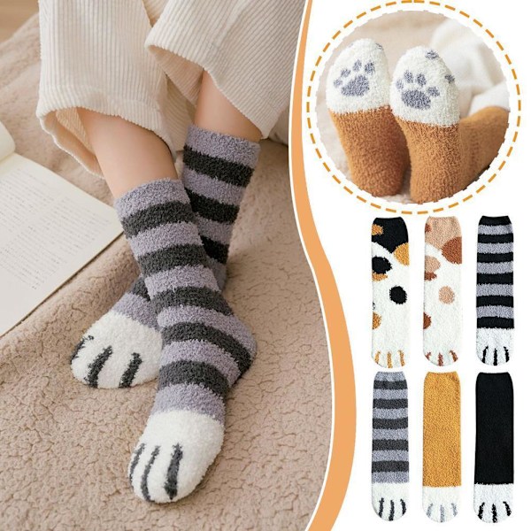 1 Par Varma Vinterstrumpor Flickor Katt Tassar Söta Tjocka Sov Varma Heta Golv^* 4 One size