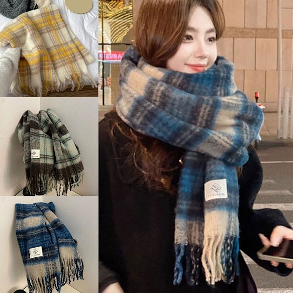 Japansk Låg-mättnadsfärg Stor Rutig Sjal Ny Mångsidig Sjal Och Kvinnlig Höst Borstad H8y0 Blue One size