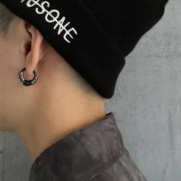 Cool Punk Herr Rostfritt Stål Hip Hop Örhängen Drakmönster UKS B0B5 Black A