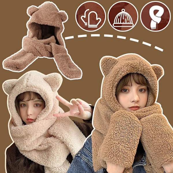 Varm Björn Öron Hatt Casual Plysch Hatt Halsduk Set Mode Vinter Björn Hatt Ny C9 U9M9 beige One size