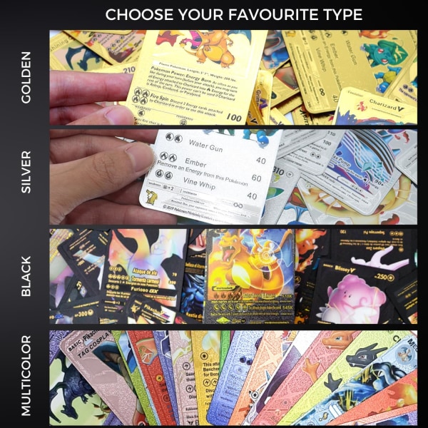 Vicyol S&D 55 PVC-samlarkort. Gyllene spelkort. Slumpmässigt innehåll: V, Vmax, Gx, Basic, Present för barn och vuxna. Spanska språket