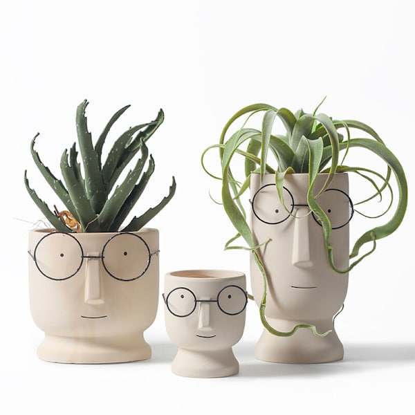 Glasögon Ansikte Kaktus Växtkrukor För Hemmakontor Bröllop Planter Planter Cement Blomkrukor, Liten Keramisk Sukkulent Kruka-Vit Grå 17x17x16.5cm