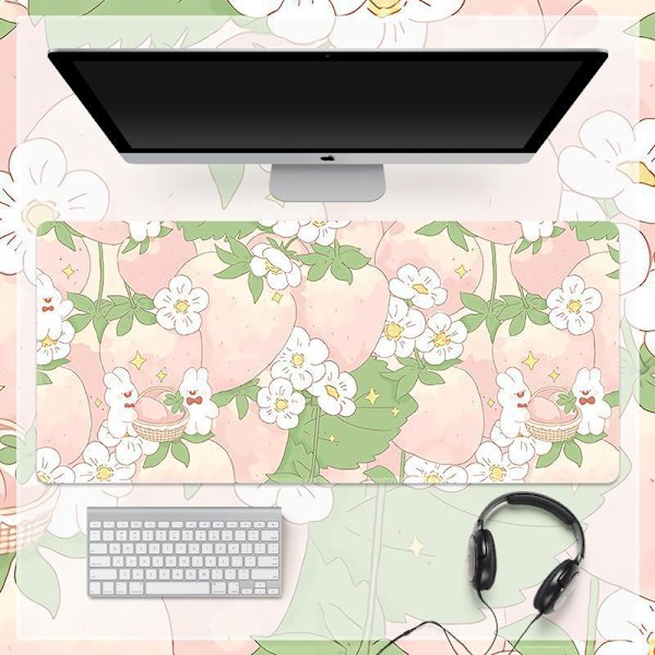 Rabbit Strawberry Fields tangentbord Musmatta stor, vattentät och lätt att rengöra, halkfri bas lång bordsmatta, sömkanter White pink