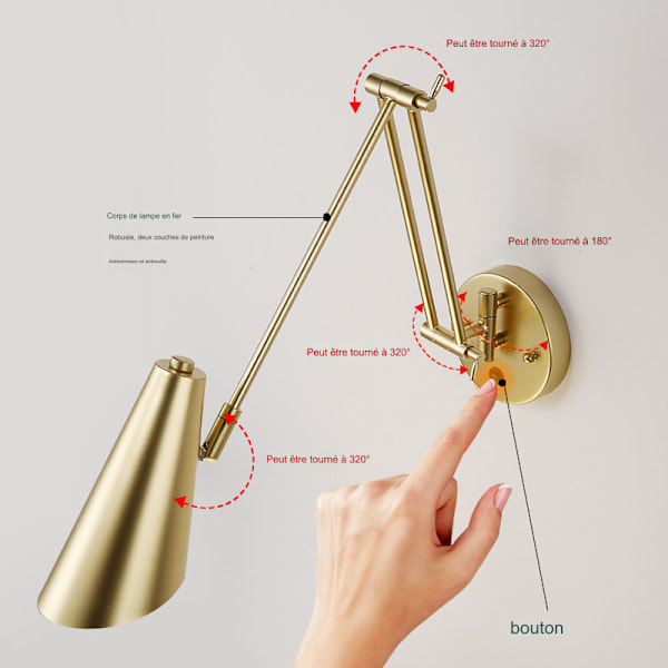 Dimbar vägglampa inomhus, med strömbrytare, retro järn inomhusbelysning, sovrums sängbordsdekoration, varmt ljus, svart