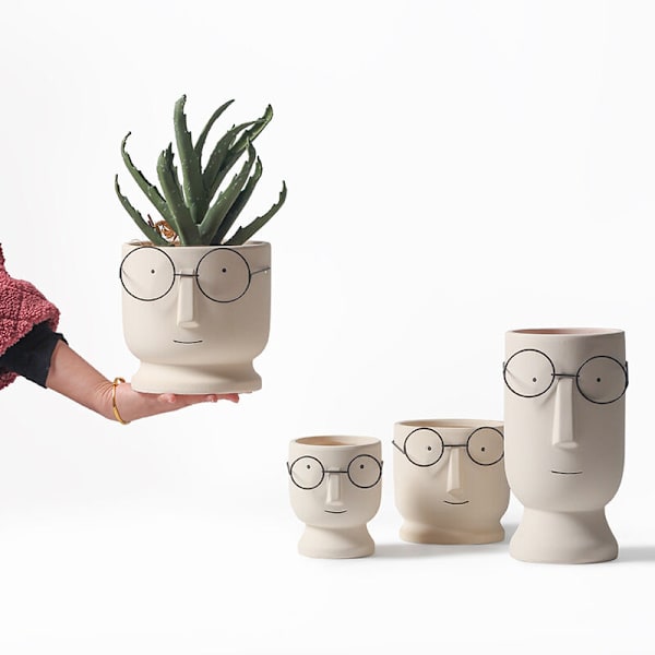 Glasögon Ansikte Kaktus Växtkrukor För Hemmakontor Bröllop Planter Planter Cement Blomkrukor, Liten Keramisk Sukkulent Kruka-Vit Grå 17x17x16.5cm