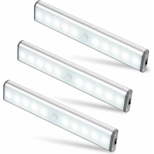 Set med 3 10 LED-lampor, trådlösa, USB-laddningsbara, magnetiserade, rörelsesensor, 2 belysningslägen, skåpsbelysning, bärbar nödbelysning